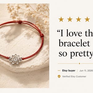 Silver Lotus Charm Bracelet | Red String, Purity, Protection, Handmade Korea