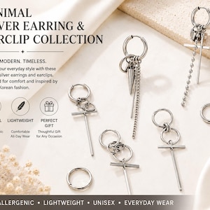 May include: A collection of silver-toned earrings and ear clips featuring hoop designs, dangling cross-shaped bars, a spiked charm, and a beaded chain. The text MINIMAL SILVER EARRING & EARCLIP COLLECTION, SLEEK. MODERN. TIMELESS. SURGICAL STEEL, LIGHTWEIGHT, PERFECT GIFT, HYPOALLERGENIC, LIGHTWEIGHT, UNISEX, EVERYDAY WEAR is visible.