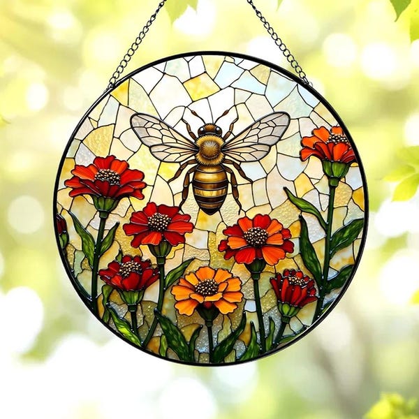Bee & Carnation Flower Stained Glass Suncatcher, Honey Bee Window Hanging Decor, Floral Garden Art