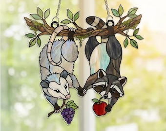 Upside Down Possum Raccoon Acrylic Suncatcher, Nature Animal Art Decor