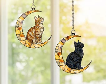 Orange and Black Tabby Cat on Moon Acrylic Suncatcher, Cat Window Hanging