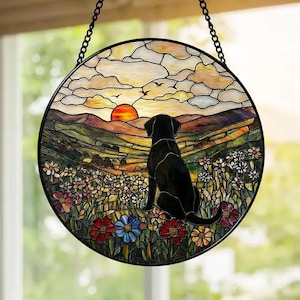 Black Dog Sunset Suncatcher, Labrador Window Hanging, Wildflower Stained Glass, Pet Memorial Gifts