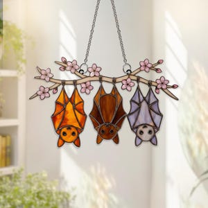 Hanging Bats and Peach Blossom Suncatcher, Stained Glass Style Acrylic Window Decor Bild 2