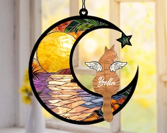 Custom Cat Memorial Suncatcher, Personalized Pet Loss Gift, Engraved Cat on Moon, In Loving Memory Sympathy Gift, Cat Memorial Ornament
