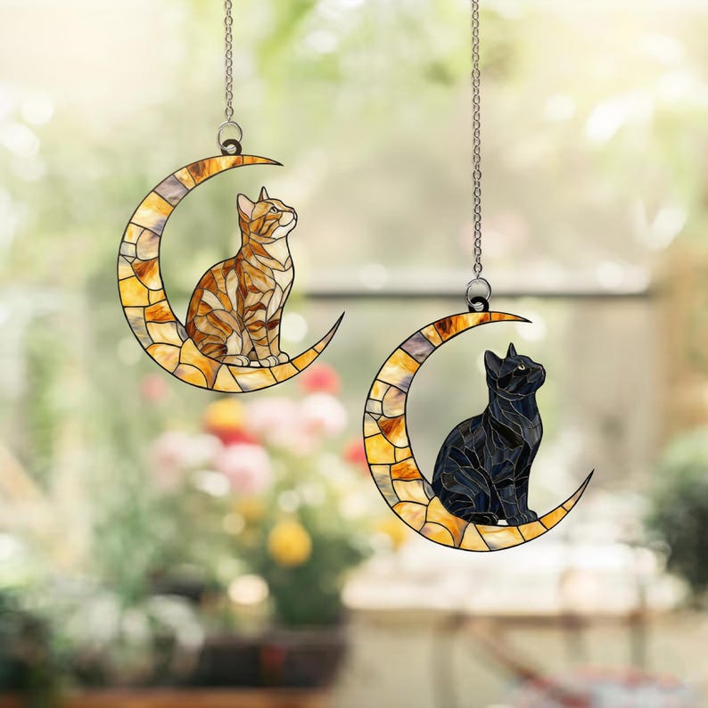 Orange and Black Tabby Cat on Moon Acrylic Suncatcher, Cat Window ...