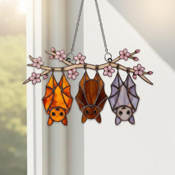 Hanging Bats and Peach Blossom Suncatcher, Stained Glass Style Acrylic Window Decor