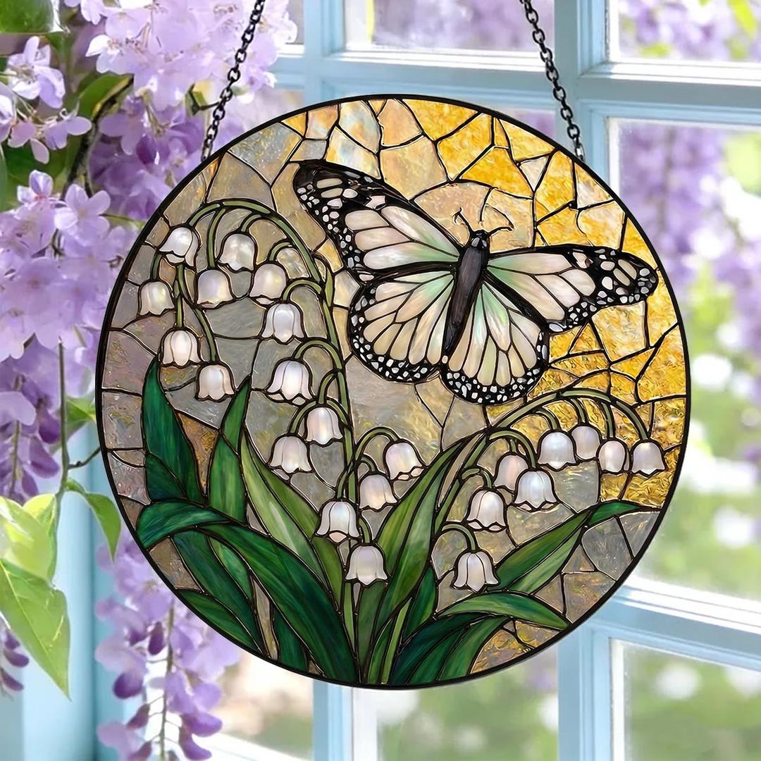 Lily of the Valley Butterfly Stained Glass Suncatcher, Flower Window ...