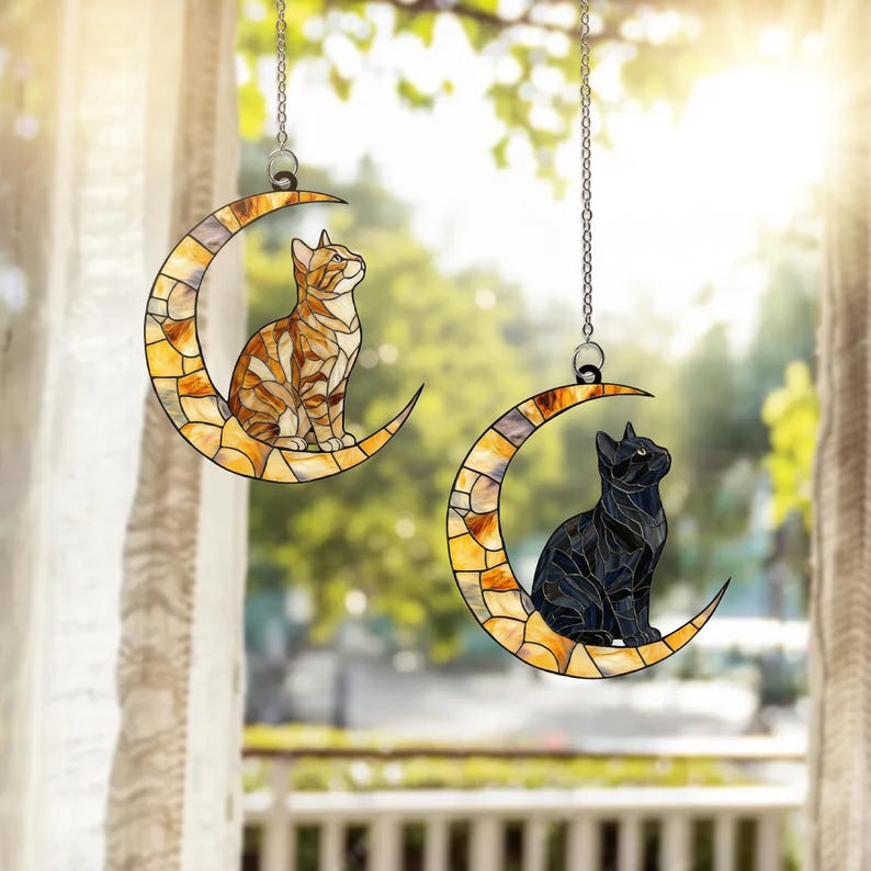 Orange and Black Tabby Cat on Moon Acrylic Suncatcher, Cat Window ...
