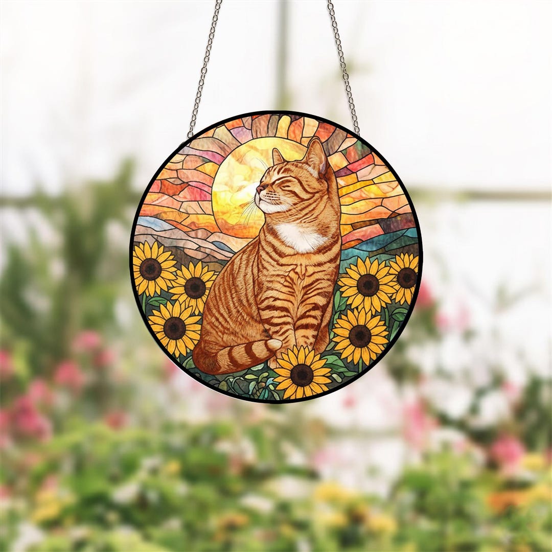 Orange Cat Sunflower Stained Glass Suncatcher, Mothers Day Gift for Mom ...