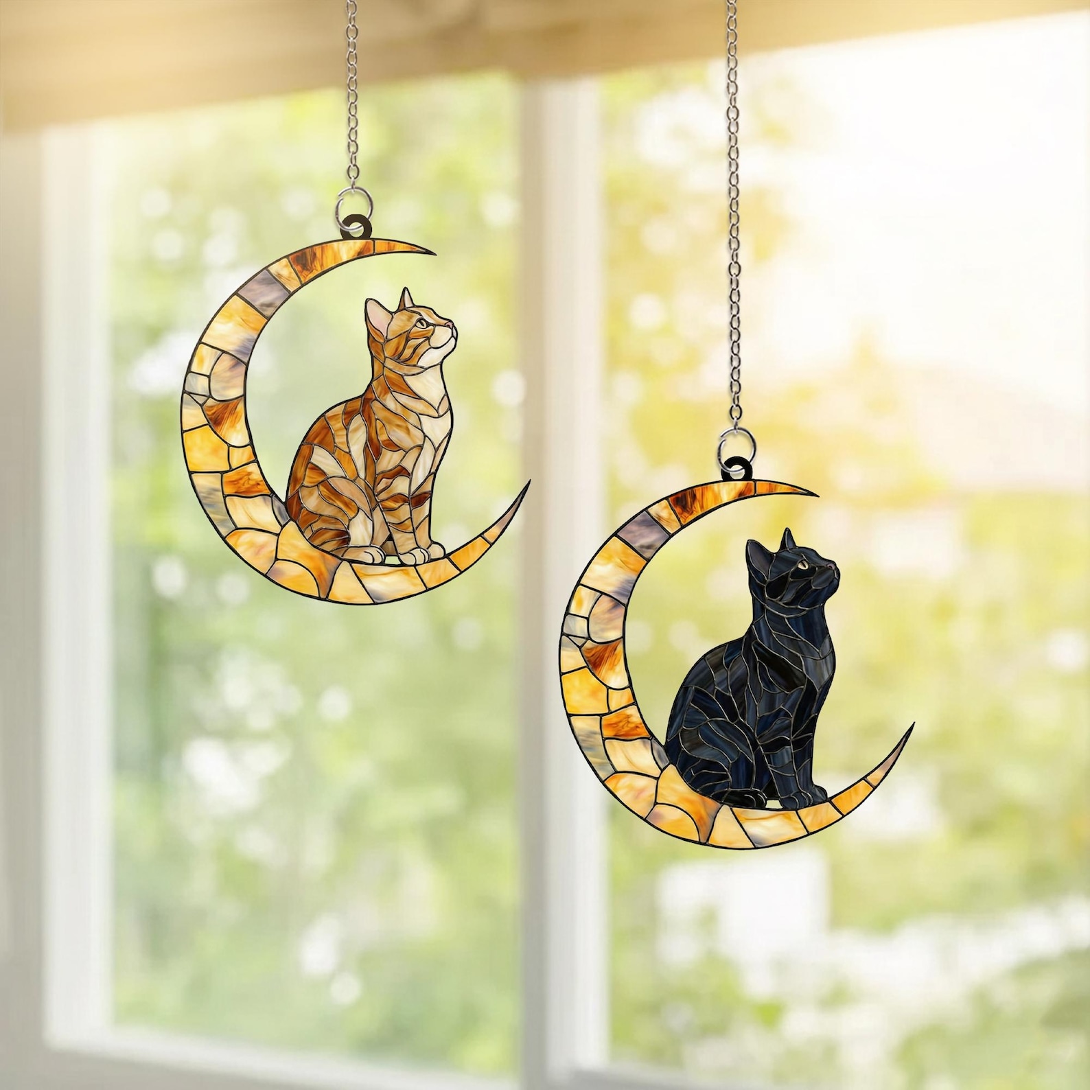 Orange and Black Tabby Cat on Moon Acrylic Suncatcher, Cat Window ...