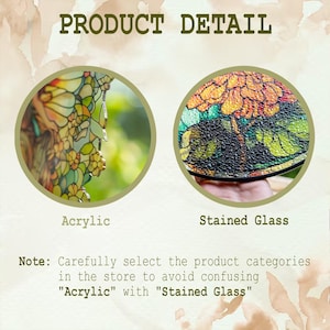 K&ouml;nnte beinhalten: Produktdetailbild mit zwei kreisf&ouml;rmigen Beispielen. Eines ist mit "Acryl" beschriftet und zeigt ein farbenfrohes Blumendesign. Das andere ist mit "Buntglas" beschriftet und zeigt eine Nahaufnahme eines Blumenmusters. Text weist auf sorgf&auml;ltige Produktauswahl hin.