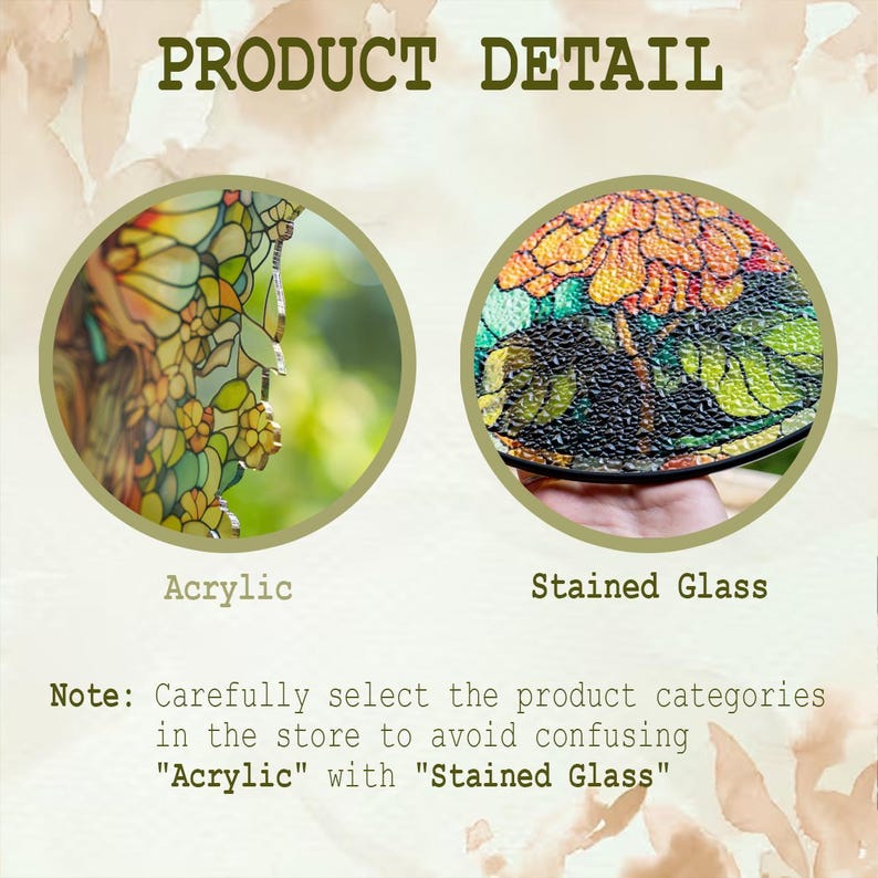 K&ouml;nnte beinhalten: Produktdetailbild mit zwei kreisf&ouml;rmigen Beispielen. Eines ist mit "Acryl" beschriftet und zeigt ein farbenfrohes Blumendesign. Das andere ist mit "Buntglas" beschriftet und zeigt eine Nahaufnahme eines Blumenmusters. Text weist auf sorgf&auml;ltige Produktauswahl hin.