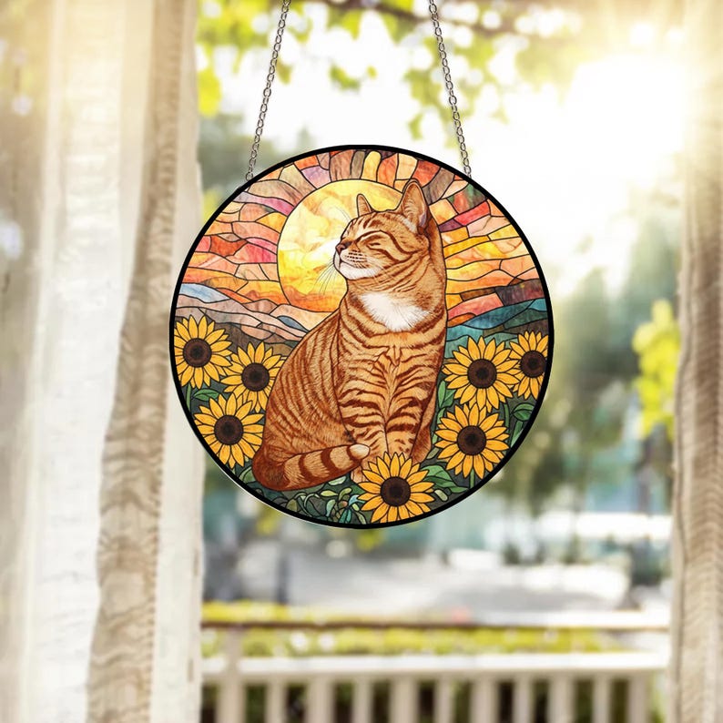 Orange Cat Sunflower Stained Glass Suncatcher, Mothers Day Gift for Mom ...