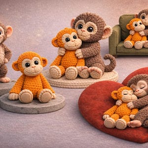 Könnte beinhalten: Eine Sammlung handgefertigter Affenfiguren in verschiedenen Posen. Die Affen sind hauptsächlich braun und orange, mit detaillierten Merkmalen und ausdrucksstarken Gesichtern. Einige umarmen sich, andere stehen oder sitzen auf dekorativen Sockeln.