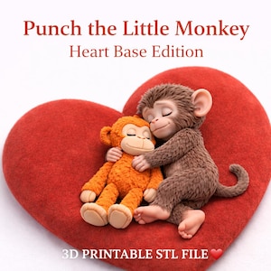 Könnte beinhalten: Eine 3D-druckbare STL-Datei mit zwei Zeichentrickaffen, die sich auf einer herzförmigen roten Basis umarmen. Der Text "Punch the Little Monkey Heart Base Edition" wird oben angezeigt, darunter "3D PRINTABLE STL FILE".