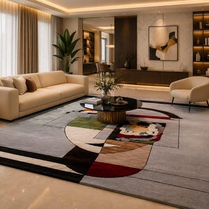 Alfombra abstracta moderna, alfombra geométrica tejida a mano, alfombra de lujo para sala de estar, alfombra de diseño, alfombra artística grande en gris, beige, rojo y negro.