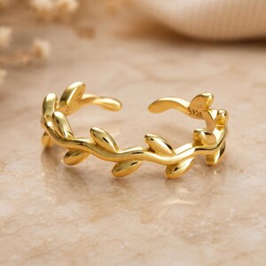 Gouden teenring met bladmotief, teenring met botanische ranken, open teenring met 2 karaat synthetische diamant, verguld met 14 karaats geelgoud, verstelbare ring, cadeau voor haar