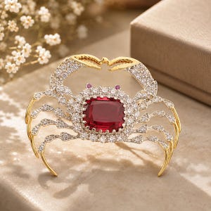 May include: A gold-toned crab brooch featuring a large, rectangular, deep red central stone surrounded by a border of clear, sparkling pavé-set crystals. The crab's legs and claws are also encrusted with clear crystals, with two small red stones for eyes.