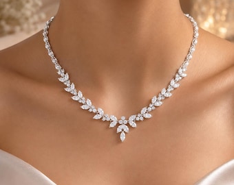 11Ct Lab Created Diamond Women’s Tennis Necklace, 14K White Gold Plated Floral Necklace, Statement Necklace, Silver Jewelry, Gift for Her