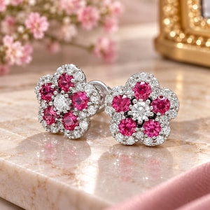 4CT Lab Created Ruby & Diamond Women's Stud Earrings, 14K White Gold Plated Silver Earrings, Gemstone Floral Earrings, Elegant Gift for Her