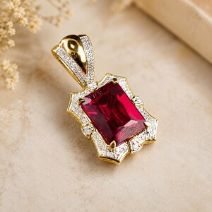 8CT Lab Created Red Ruby & Diamond Pendant for Men, Iced Out Statement Pendant, 14K Yellow Gold Plated, Hip Hop Pendant, Luxury Gift for Him