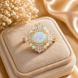 May include: A gold ring featuring a large oval opal center stone surrounded by a halo of small round opals and baguette-cut clear stones. The design includes a delicate border of tiny pavé-set clear stones, creating a radiant sunburst effect.