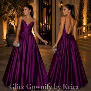 Glitz Gownify Custom Made A-Line Prom Dress V Neck Satin Gown Spaghetti Straps Open Back Floor Length Formal Evening Dress with Sweep Train