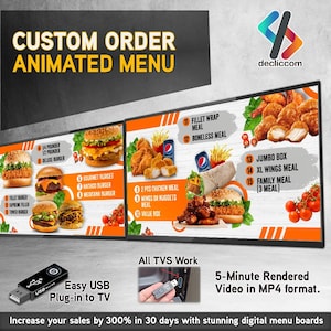 May include: Animated digital menu board showcasing fast-food items like burgers, chicken meals, and wraps. The menu uses bright food photography and is designed for easy USB plug-in to a TV. The board also highlights a 5-minute video format.