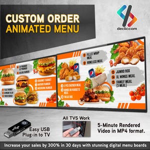 May include: Digital menu board displays with various fast food items, including burgers, chicken meals, and wraps. The menu is animated and features a USB drive for easy plug-in to a TV. The text reads "Custom Order Animated Menu."