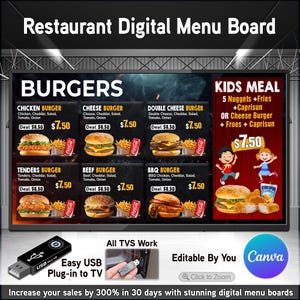 Könnte beinhalten: Digitale Speisekarte mit Burgern wie Chicken, Cheese und Double Cheese, inklusive Preise. Ein Kindermenü ist ebenfalls abgebildet. Die Tafel ist editierbar und verfügt über einen USB-Anschluss für eine einfache Einrichtung.
