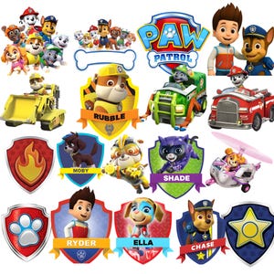 Op de afbeelding: Een verzameling kleurrijke afbeeldingen met het thema Paw Patrol. Bevat het Paw Patrol-logo, personages, voertuigen en badges. De personages zijn onder meer Ryder, Chase, Rubble, Ella en anderen. Geschikt voor kinderproducten.