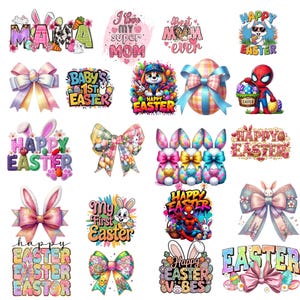 Könnte beinhalten: Eine Sammlung farbenfroher Designs zum Thema Ostern. Die Designs umfassen Schleifen, Hasen, Eier und Texte wie "Happy Easter", "Baby's 1st Easter" und "Mama". Die Designs weisen eine Vielzahl von Farben und Stilen auf.