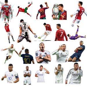 Puede incluir: Una colección de pegatinas individuales que muestran a los futbolistas Cristiano Ronaldo y Kylian Mbappé en varias poses de acción, vistiendo diferentes camisetas de equipos como Portugal, Juventus, Real Madrid y PSG.