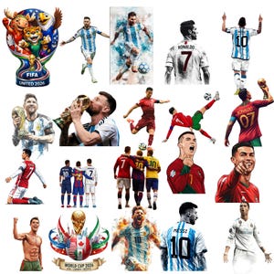 Peut inclure: Plusieurs illustrations sur le thème du football, avec des joueurs en action, dont Lionel Messi et Cristiano Ronaldo. Les images montrent des joueurs en action, célébrant et tenant des trophées. Le logo de la Coupe du Monde de la FIFA 2026 est également présent.