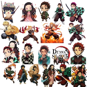 May include: A collection of colorful anime character stickers from the Demon Slayer series. The stickers feature various characters in action poses, with swords and other accessories. The Demon Slayer logo is also included.