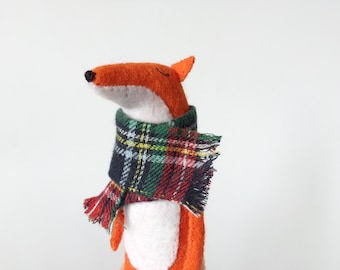 Felt Fox In Tartan Scarf, Fox Stuffed Animal, Fox Toy, Woodland Softies, Felted Miniature Animals, Woodland Animals, Stuffed Toys Felted Fox