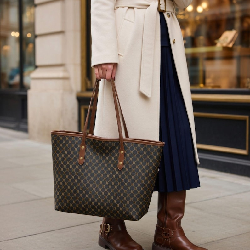 May include: A patterned tote bag in brown and black with brown handles and trim. The bag is held by a person wearing a cream coat, a navy blue pleated skirt, and brown boots. The bag's design features a repeating pattern.
