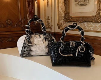 Luxury Vintage Crocodile Pattern Top Handle Bag | Chic Designer Tote | PU Leather Shell Purse | Snake Handle Shoulder Bag