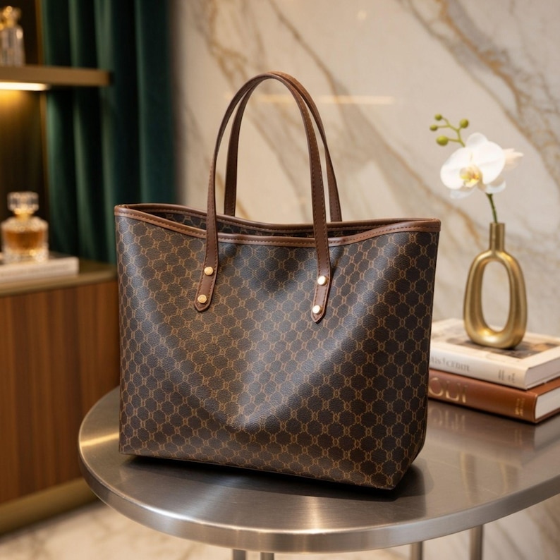 May include: A brown tote bag featuring a repeating geometric pattern. It has brown handles and trim, with gold-coloured rivets. The bag is on a silver table.