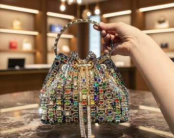 Crystal Rhinestone Bucket Bag | Geometric Hollow-Out Evening Clutch Purse