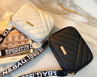 Striped PU Leather Crossbody Bag, Small Square Messenger Purse, Everyday Travel Purse