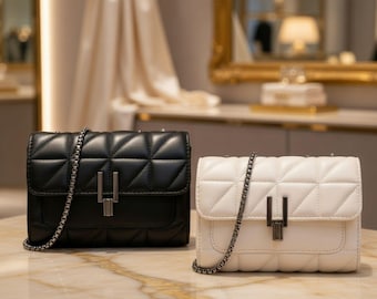 Quilted Chain Shoulder Bag for Women | Diamond Grid Crossbody Purse | Small PU Leather Square Handbag | Chic Minimalist Everyday Bag
