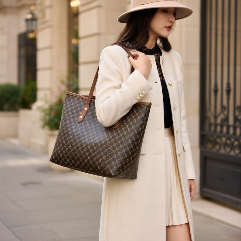 May include: A brown tote bag with a repeating geometric pattern. The bag has brown leather handles and trim. The person is wearing a cream-coloured coat and a beige hat.