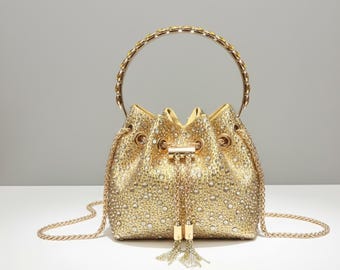 Gold Rhinestone Bucket Clutch Bag | Luxury Crystal Evening Purse | Designer Top Handle Shoulder Handbag | Wedding Party Glam Bag