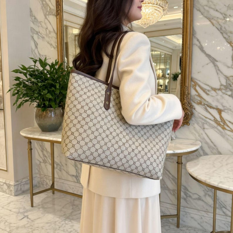May include: Beige tote bag featuring a repeating geometric pattern in brown. The bag has brown leather handles and trim. The bag is being carried by a person wearing a white blazer and skirt.