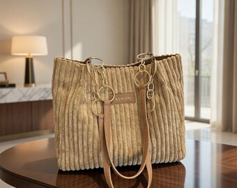 Corduroy Tote Bag | Minimalist Large Capacity Shoulder Handbag for Work, Commute