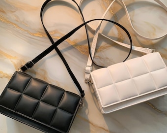 Plaid Vegan Leather Crossbody Bag, Small Square Shoulder Handbag, Designer Style Mini Purse, Elegant Everyday Minimal Design Fashion Bag