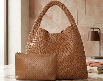 Large Woven Tote Bag for Women | Faux Leather Shoulder Shopper | Summer Beach Travel Handbag with Clutch | Soft Work Laptop Tote