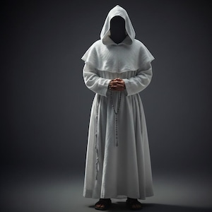 May include: A full-length shot of a person wearing a white hooded robe, with hands clasped in prayer and a rosary. The robe is long and flowing, with a hood that obscures the face. The background is a dark gray.
