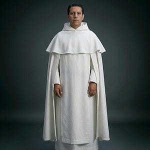 May include: A person wearing a white hooded cloak and matching robe. The cloak has a cape-like design, and the robe extends to the ankles. The person is standing against a dark gray background, and wearing white shoes.